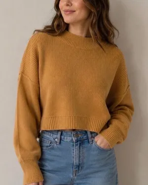 Free People Mustard Yellow‎ Ribbed Mock Neck Cropped Boxy Sweater thumbnail 1