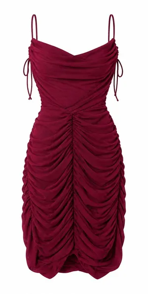 Oh Polly Dark Red Ruched Mesh Cowl Neck Bodycon Mini Dress Size 2 Homecoming thumbnail 1