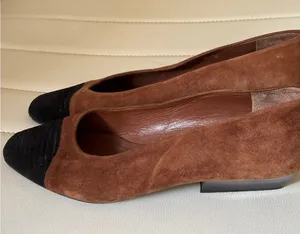 Simard & Voyer Brown Suede Black Cap Toe Low Block Heel Pumps Womens 7 B thumbnail 1