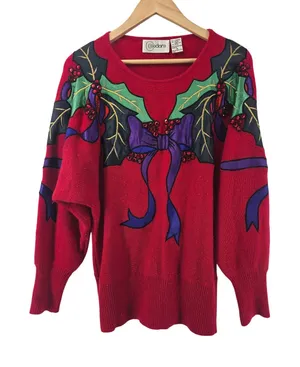 Cedars Sweater‎ Womens M Wool Angora Christmas Holly Bow Red Beaded Vintage thumbnail 1