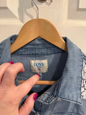 Love Culture Blue Denim Button-Down Pearl Snap Faded Fitted Shirt with Lace Yoke thumbnail 2
