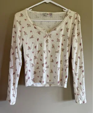 Pink Republic Cream Deer Bow Pointelle‎ Knit Henley Long Sleeve Top Small thumbnail 1