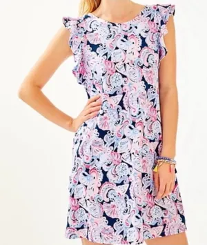 Lilly Pulitzer Dani Dress Womens XS Navy Pink High Tide Ruffle Shift Resort Wear thumbnail 1