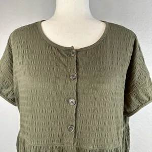 Madewell Oversized Tiered Mini Dress Size S‎ Green Crinkle Knit Cotton Blend thumbnail 2