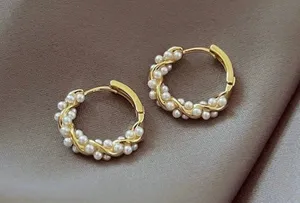 18K Gold Plated White Pearl Hoop Earrings for Women thumbnail 2