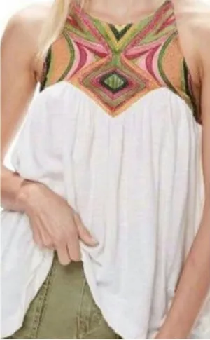 Free People Beach Date White Flowy Strappy Tank Top Multicolor Embroidery thumbnail 1