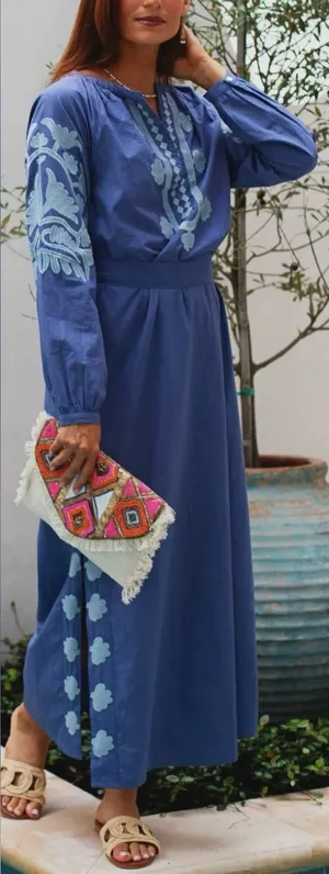 NWT Ex VOTO Embroidered Marlin Jules Caftan Blue Long-Sleeve Maxi Dress | XL thumbnail 1
