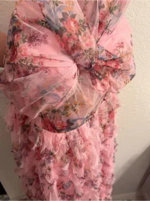 Feariesty Pink Floral Ruffle Strapless Formal Dress thumbnail 8