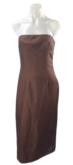 Commense Women's Brown Sleeveless Strapless Tube Bandeau Midi Sheath Dress Sz S thumbnail 1