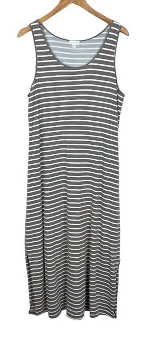 Garnet Hill Midi Dress Womens Large Taupe White Stripe‎ Slits Sleeveless Tank L thumbnail 1
