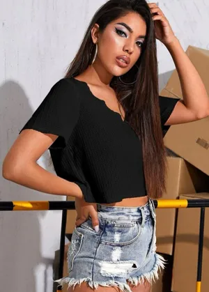 Black Waffle Knit Crop Tee thumbnail 1