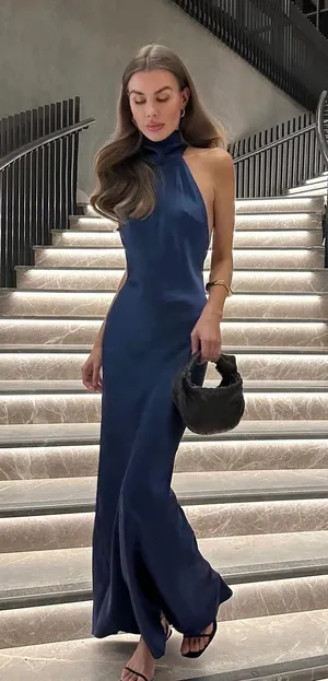 Zara maxi dress satin slip gown Elegant blue Halter formal party wedding prom thumbnail 6