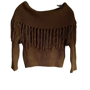 Angashion Off Shoulder‎ Fringe Gold Sweater thumbnail 2