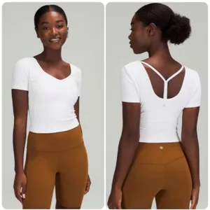 Lululemon Align Tee Short Sleeve Cropped Top White Size 6 V-Neck Open Back Shirt thumbnail 2