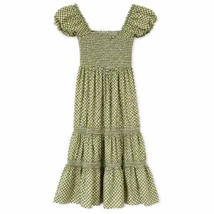 o.p.t Green Gingham Smocked Puff Sleeve Tiered Maxi Dress Cottagecore Size S thumbnail 2