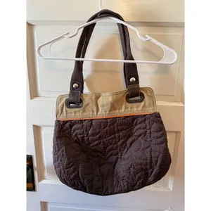 Fossil Key Per Quilted Flower Tote‎ Bag Brown Canvas Leather Accents Key Charm thumbnail 2