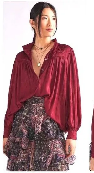Anthropologie Relaxed Shimmer Satin Blouse Women XS Dark‎ Cherry Boho Minimalist thumbnail 1
