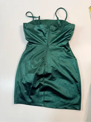 Windsor Satin Emerald Green Ruched Mesh-Inset Mini Dress thumbnail 3