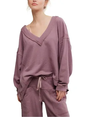 Free People Staycation Pullover Top Elderberry Tea Purple Waffle Knit OB2316979 thumbnail 1