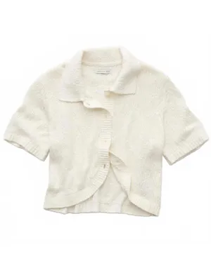 AE Cotton Short-Sleeve Collared Button-Up Cardigan American Eagle Cream NWT XL thumbnail 2