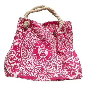 Donna Dixon Pink White Damask Canvas Rope Tote Bag Beach Resort Boho 18x18 thumbnail 2
