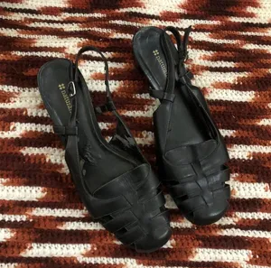 Naturalizer 80s/90s Black Leather woven Fisherman Pilgrim Sandals Maryjane loafers flats shoes round toe Kitten heels #peasant #cottagecore #western #boho, #indie #whimsygoth thumbnail 1