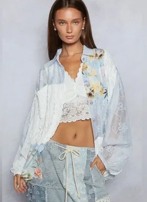 POL Mixed Media Patchwork Top in Cloud Blue thumbnail 1