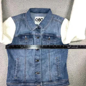 GBG Denim Jacket Sherpa Sleeve Womens S Trucker Blue Two Tone Cozy Cabin Fall thumbnail 11