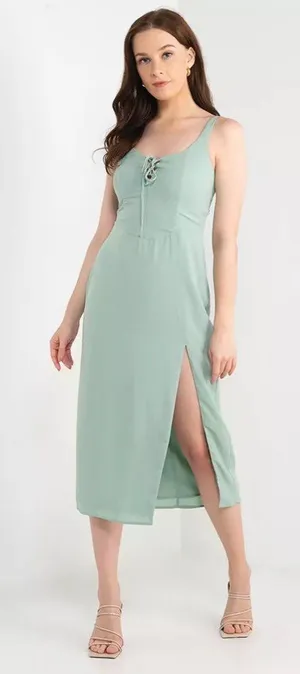 Abercrombie & Fitch Corset Lace-Up Midi Dress Slit Light Green Large Petite thumbnail 1