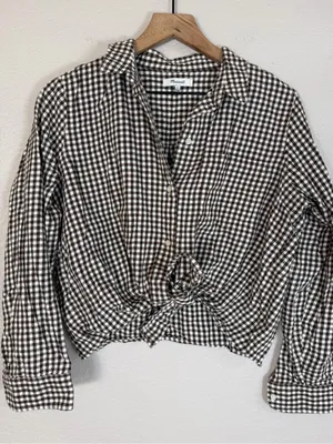 Madewell Gingham Flannel Tie Front Shirt Brown Gingham Check size Large $80 thumbnail 9