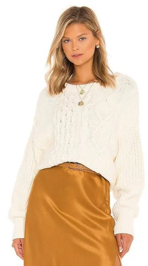 Free People Dream Cable Crew Sweater in Cream thumbnail 1
