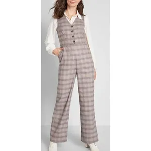 NEW NWT MODCLOTH Plaid Appeal Vest Jumpsuit Tan Brown Blue Sleeveless Retro 70s thumbnail 4