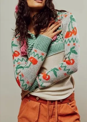 Free People We The Free Cherry Cola Sweater Hooded Thermal Long Sleeve thumbnail 1
