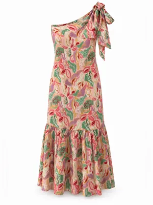 Tuckernuck Floral One Shoulder Bow Tiered Midi Dress M thumbnail 2