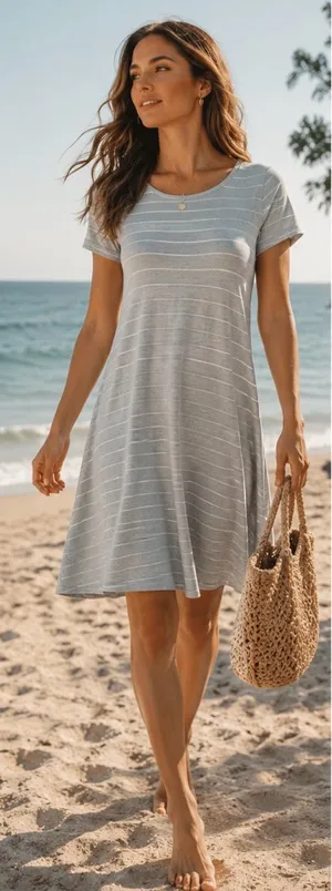 FREE FLY Womens Bamboo Dockside Sagebrush/White Stripe Tee Shirt Dress Sz S 💛 thumbnail 1