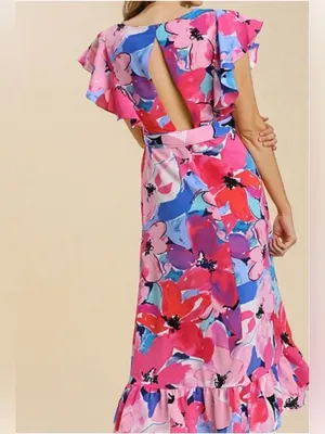 Umgee Bright Floral Belted Midi Dress Size Small thumbnail 2