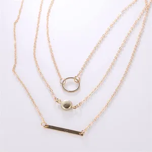 3 Piece Gold Layered Medallion, Long Bar, Hoop Choker Necklace - Geometric thumbnail 1