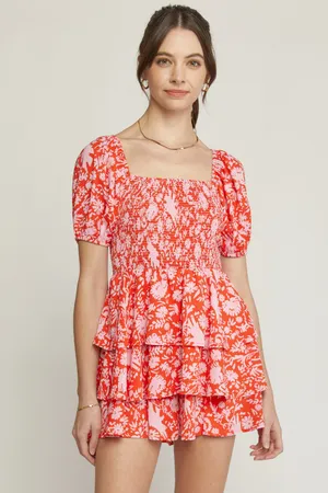Entro Floral Patterned Smocked Puff Sleeve Ruffle Skirt Romper Dress thumbnail 2