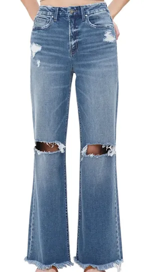 Mica Dehours Stretch Super High Rise Blue Distressed Wide Leg Denim Jeans Sz 24 thumbnail 1