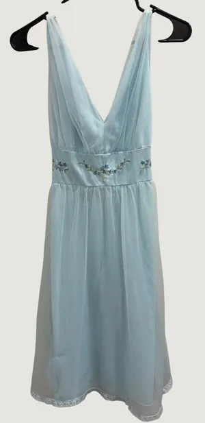 VTG 60s Heiress Light Blue Floral Embroidered Mesh Overlay Nightgown Dress XS thumbnail 1