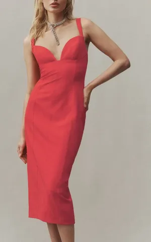 BHLDN Anthropologie Women’s Sage Sweetheart Stretch Crepe Red Midi Dress Sz M thumbnail 1