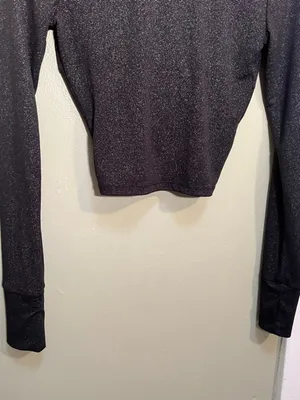 Open Edit Women's Size XXS Long Sleeve Athletic Top Gray Metallic Open Back Crop thumbnail 3