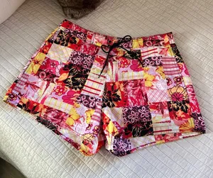 Vtg pink yellow black Hawaiian retro tropical patchwork boho 70’s board shorts L thumbnail 1