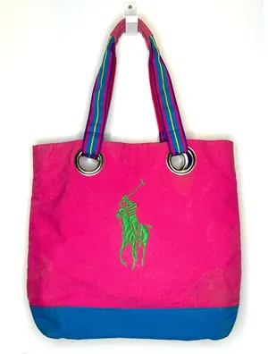 1980s–90s Ralph Lauren Polo Canvas Tote Bag Pink Blue Big Pony Cotton Carryall thumbnail 1