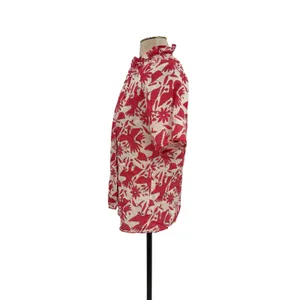 Nimo With Love Linen Bird Print Ruffle Neck Blouse‎ Red Cream Size XS thumbnail 5