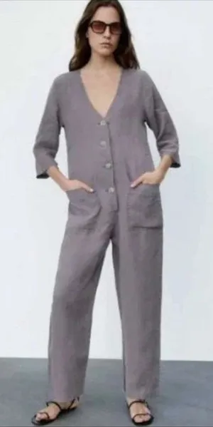 ZARA Lillian Gray Linen Jumpsuit Button-Down Linen Romper Women’s Size Medium thumbnail 1