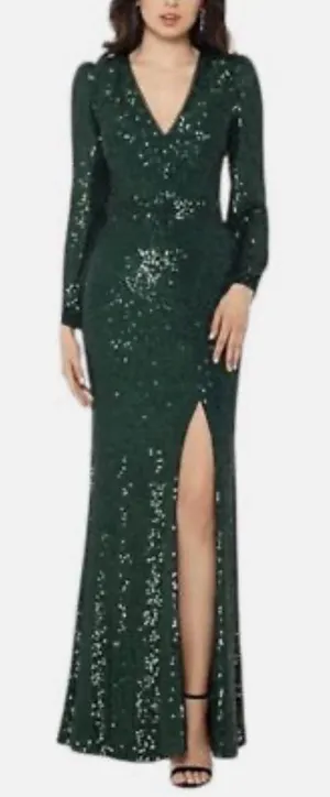 Xscape Long Sleeve Long V-Neck All Over Sequin Gown Hunter Size 18W thumbnail 1