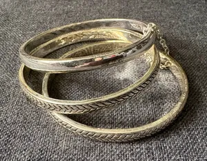 Silver Stacked Chunky Bangles Fashion Bracelets - Set of 3 - Costume Jewelry thumbnail 1