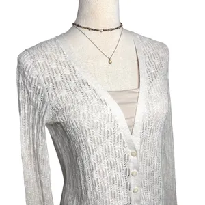 Moda International Y2K Cream Pointelle Open Knit V-Neck Cardigan Sweater thumbnail 4