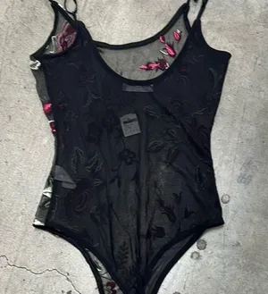AZ Design floral embroidered black mesh thong bodysuit thumbnail 2